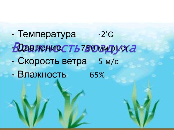 Температура 		-2°СДавление			750 мм рт.ст.Скорость ветра		5 м/сВлажность			65%