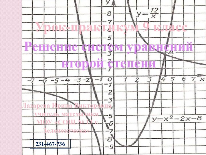 Решение систем уравнений второй степениУрок-практикум 9 класс231-467-736Лазарева Ирина Викторовна учитель математики МОУ