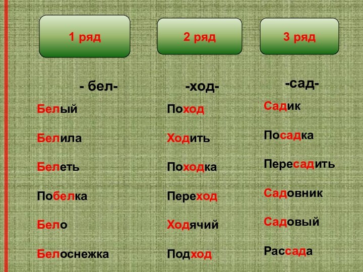 1 ряд2 ряд3 ряд- бел--ход--сад-БелыйБелилаБелетьПобелкаБелоБелоснежкаПоходХодитьПоходкаПереходХодячийПодходСадикПосадкаПересадитьСадовникСадовыйРассада