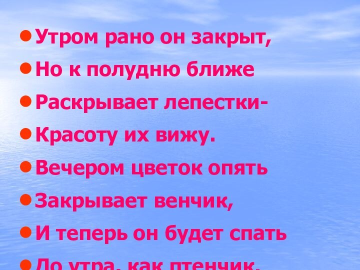 Утром рано он закрыт, Но к полудню ближеРаскрывает лепестки-Красоту их вижу.Вечером цветок