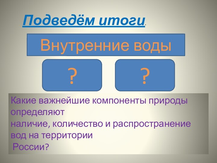 Подведём итоги.Внутренние воды??Какие важнейшие компоненты природы определяют наличие, количество и распространение вод на территории России?