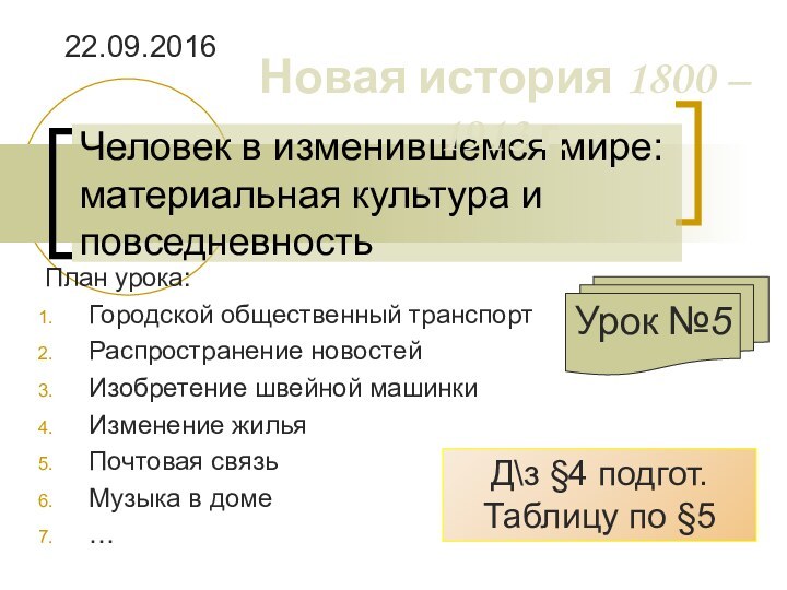 Человек в изменившемся мире: материальная культура и повседневностьПлан урока:Городской общественный транспортРаспространение новостейИзобретение