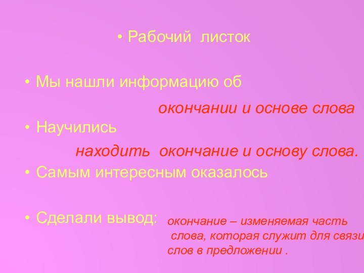 Рабочий листокМы нашли информацию обНаучилисьСамым интересным оказалосьСделали вывод:окончании и основе слова находить