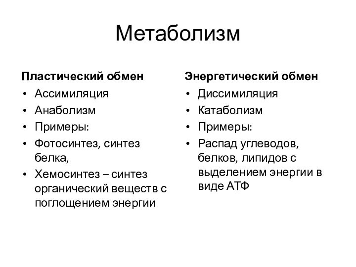 МетаболизмПластический обменАссимиляцияАнаболизмПримеры:Фотосинтез, синтез белка, Хемосинтез – синтез органический веществ с поглощением энергииЭнергетический