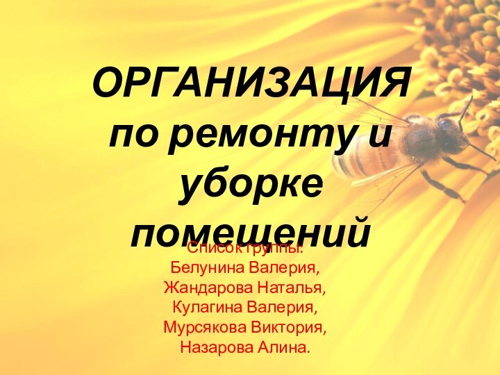 ОРГАНИЗАЦИЯ  по ремонту и уборке  помещенийСписок группы: Белунина Валерия,Жандарова Наталья,Кулагина Валерия,Мурсякова Виктория,Назарова Алина.