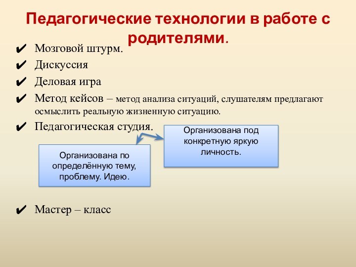 Педагогические технологии в работе с родителями.Мозговой штурм.ДискуссияДеловая игра Метод кейсов – метод