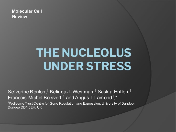 The Nucleolus under StressSe´verine Boulon,1 Belinda J. Westman,1 Saskia Hutten,1 Francois-Michel Boisvert,1