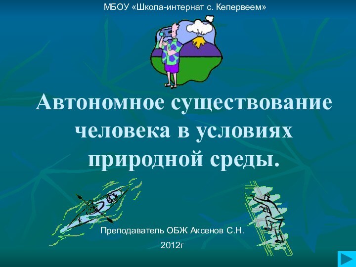 Автономное существование человека в условиях природной среды.МБОУ «Школа-интернат с. Кепервеем»Преподаватель ОБЖ Аксенов С.Н.2012г