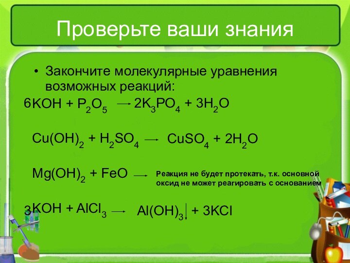 Проверьте ваши знанияЗакончите молекулярные уравнения возможных реакций:KOH + P2O5Cu(OH)2 + H2SO4Mg(OH)2 +