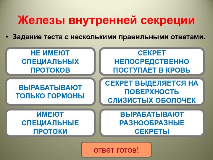 Железы внутренней секреции Задание теста с несколькими правильными ответами.НЕ ИМЕЮТ СПЕЦИАЛЬНЫХ ПРОТОКОВВЫРАБАТЫВАЮТ