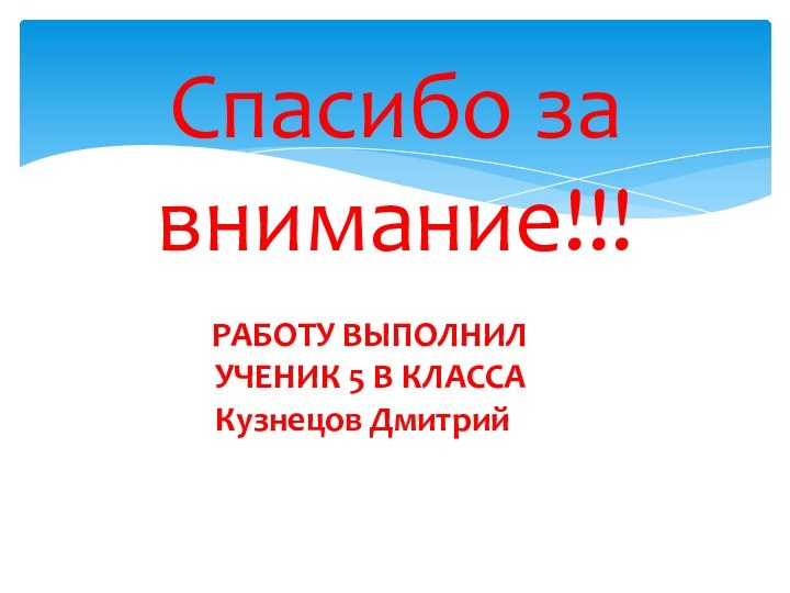 Спасибо за внимание!!! РАБОТУ ВЫПОЛНИЛ УЧЕНИК 5 В КЛАССА Кузнецов Дмитрий