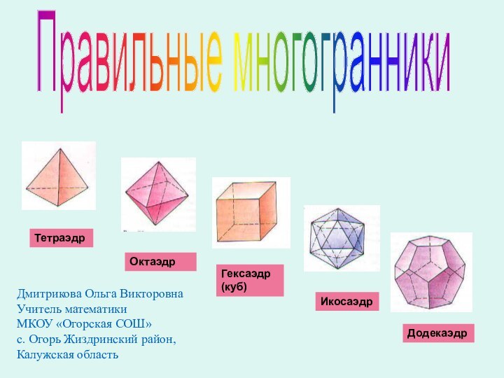 Правильные многогранникиТетраэдр Гексаэдр (куб) Октаэдр Икосаэдр Додекаэдр Дмитрикова Ольга ВикторовнаУчитель математикиМКОУ «Огорская