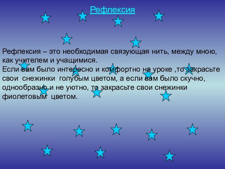 РефлексияРефлексия – это необходимая связующая нить, между мною, как учителем и учащимися.