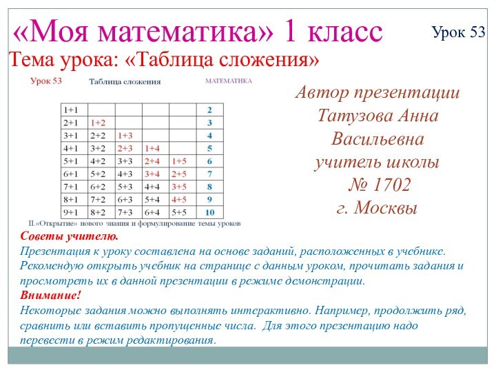 Автор презентацииТатузова Анна Васильевнаучитель школы № 1702 г. Москвы«Моя математика» 1 классУрок