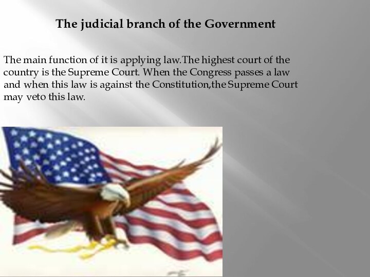 The judicial branch of the GovernmentThe main function of it is applying