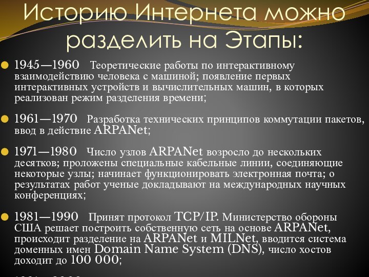 Историю Интернета можно разделить на Этапы:1945—1960  Теоретические работы по интерактивному взаимодействию