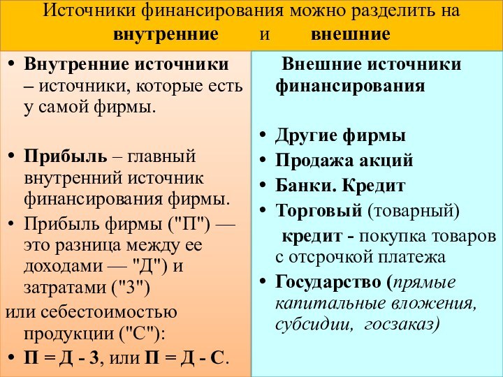 Источники финансирования можно разделить на  внутренние    и