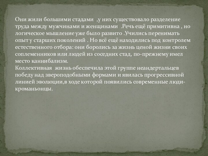 Они жили большими стадами ,у них существовало разделение труда между мужчинами и