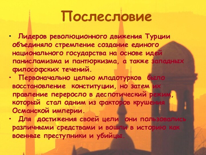 Послесловие Лидеров революционного движения Турции объединяло стремление создание единого национального государства на