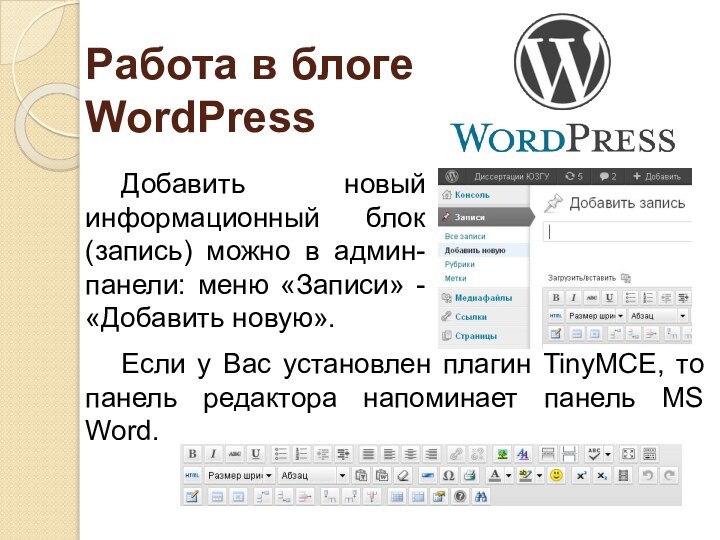 Работа в блоге WordPressДобавить новый информационный блок (запись) можно в админ-панели: меню