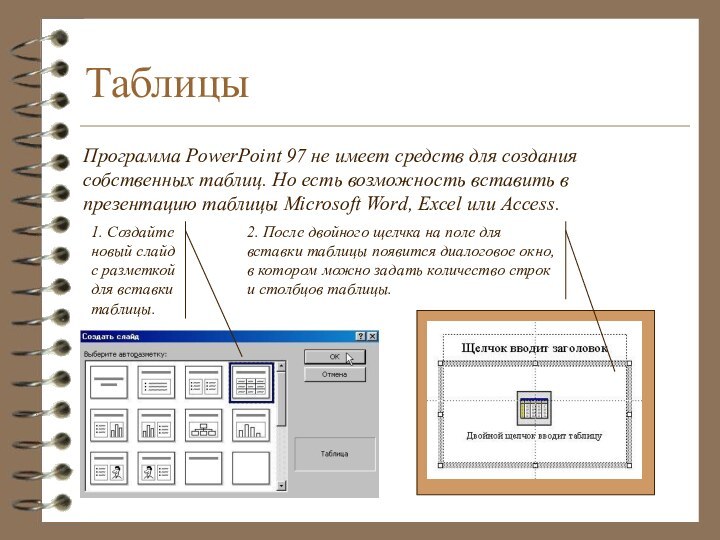 ТаблицыПрограмма PowerPoint 97 не имеет средств для создания собственных таблиц. Но есть