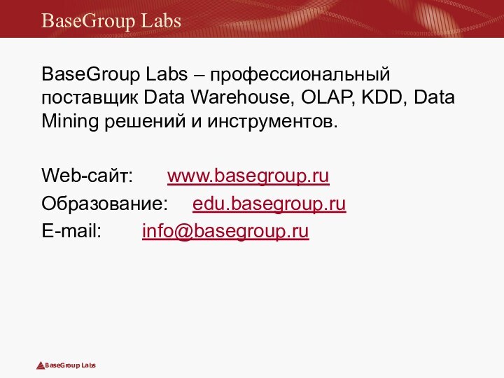 BaseGroup LabsBaseGroup Labs – профессиональный поставщик Data Warehouse, OLAP, KDD, Data Mining