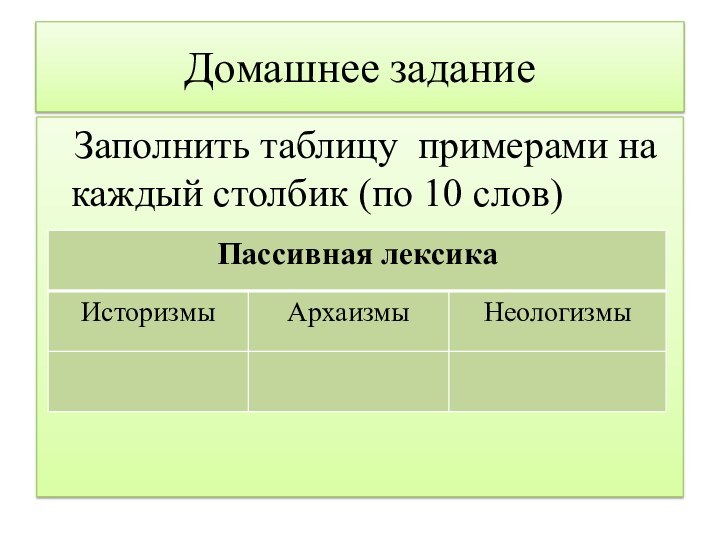 Домашнее задание  Заполнить таблицу примерами на каждый столбик (по 10 слов)