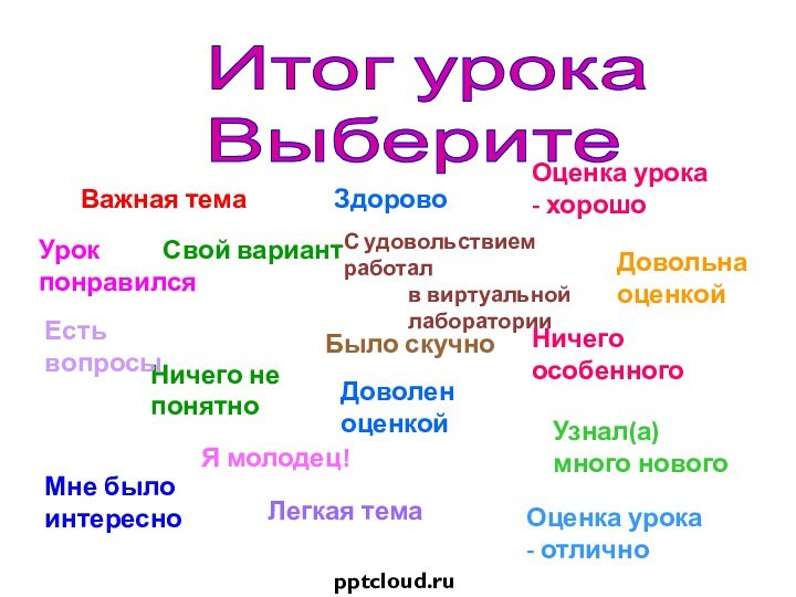 Итог урокаВыберитеНичего не понятноЕсть вопросыСвой вариантБыло скучноДовольна оценкойУзнал(а) много новогоЯ молодец!Легкая темаУрок