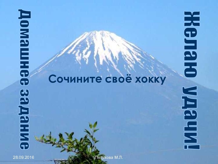 Петухова М.Л.Сочините своё хоккуЖелаю удачи!Домашнее задание