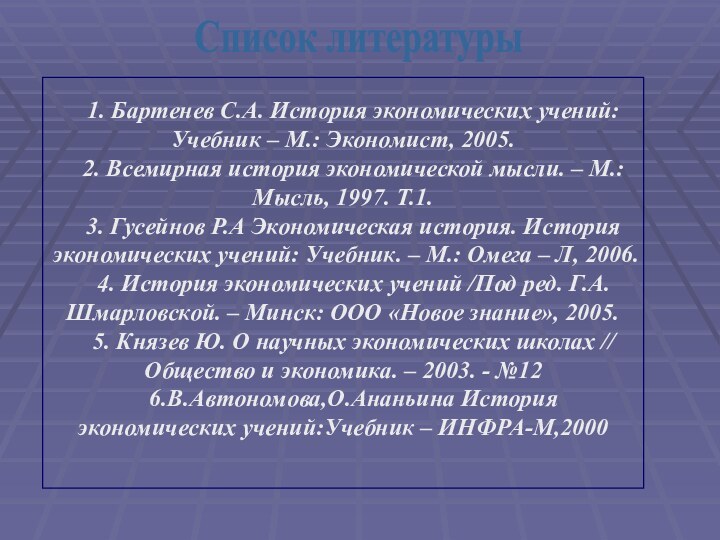 1. Бартенев С.А. История экономических учений: Учебник – М.: Экономист, 2005. 2.