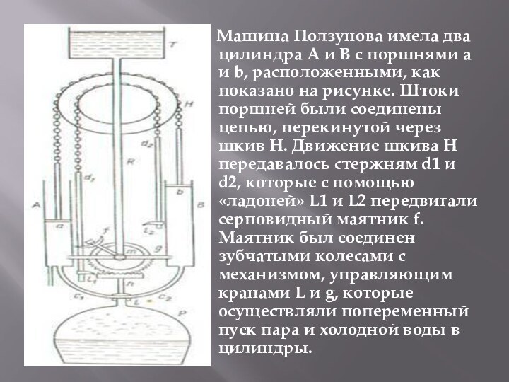 Машина Ползунова имела два цилиндра А и В с