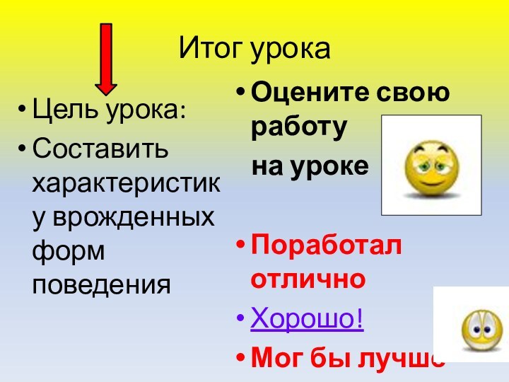 Итог урокаЦель урока:Составить характеристику врожденных форм поведенияОцените свою работу  на урокеПоработал отличноХорошо!Мог бы лучше