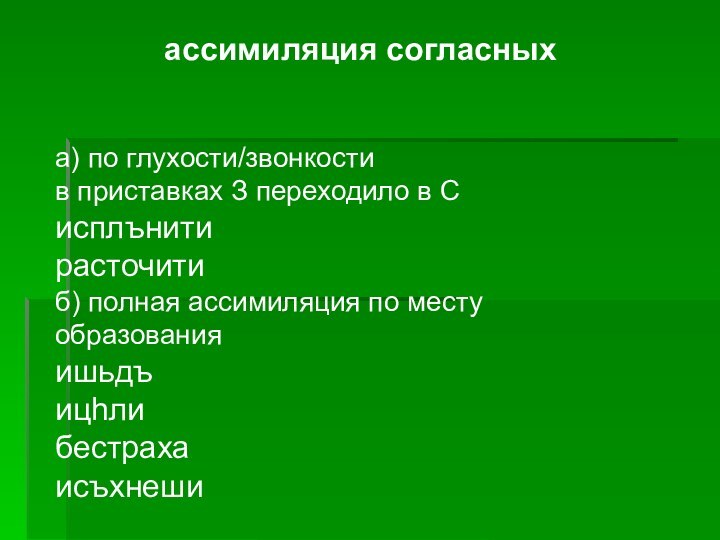 ассимиляция согласныха) по глухости/звонкостив приставках З переходило в Сисплънитирасточитиб) полная ассимиляция по месту образованияишьдъицhлибестраха исъхнеши