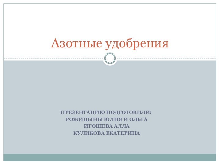 Презентацию подготовили: Рожицыны Юлия и Ольга игошева Алла куликова екатеринаАзотные удобрения