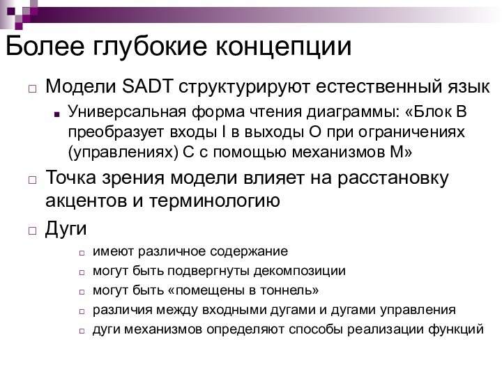 Более глубокие концепцииМодели SADT структурируют естественный языкУниверсальная форма чтения диаграммы: «Блок B