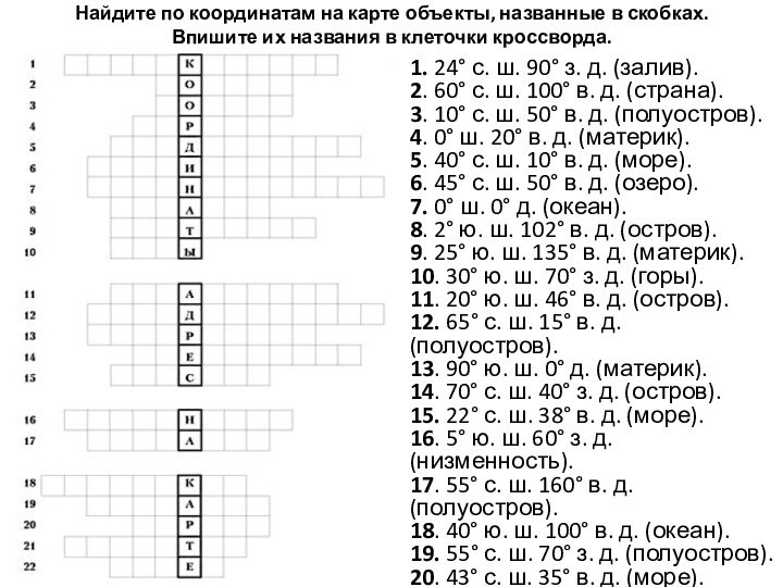 Найдите по координатам на карте объекты, названные в скобках. Впишите