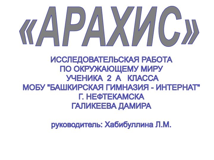 «АРАХИС»ИССЛЕДОВАТЕЛЬСКАЯ РАБОТА ПО ОКРУЖАЮЩЕМУ МИРУ УЧЕНИКА 2 А  КЛАССА МОБУ 