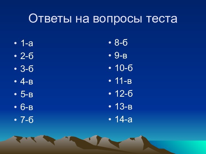 Ответы на вопросы теста1-а     2-б3-б4-в5-в6-в7-б8-б9-в10-б11-в12-б13-в14-а