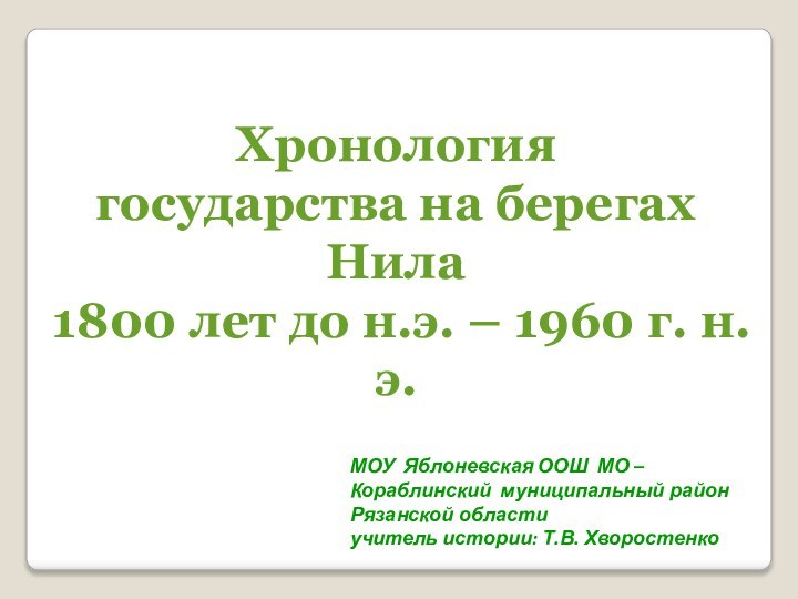 Хронологиягосударства на берегах Нила 1800 лет до н.э. – 1960 г. н.э.МОУ