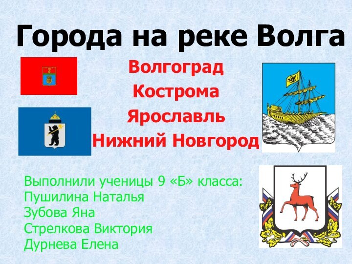 Города на реке ВолгаВолгоградКостромаЯрославльНижний НовгородВыполнили ученицы 9 «Б» класса:Пушилина НатальяЗубова ЯнаСтрелкова ВикторияДурнева Елена