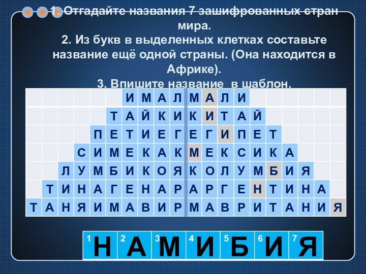 1. Отгадайте названия 7 зашифрованных стран мира. 2. Из букв в выделенных