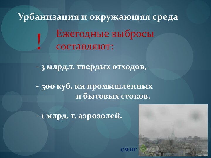 Урбанизация и окружающяя среда!  - 3 млрд.т. твердых отходов,500 куб. км