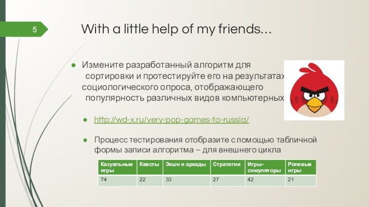 With a little help of my friends…5Измените разработанный алгоритм для 	сортировки и