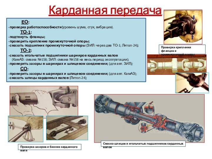 Карданная передача      ЕО:-проверка работоспособности(уровень шума, стук, вибрация).