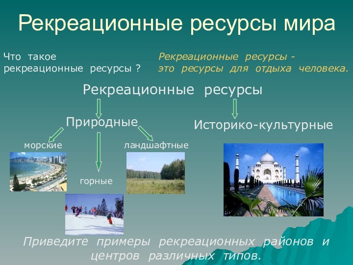 Рекреационные ресурсы мираморскиегорныеландшафтныеПриведите примеры рекреационных районов и центров различных типов.Что такое рекреационные