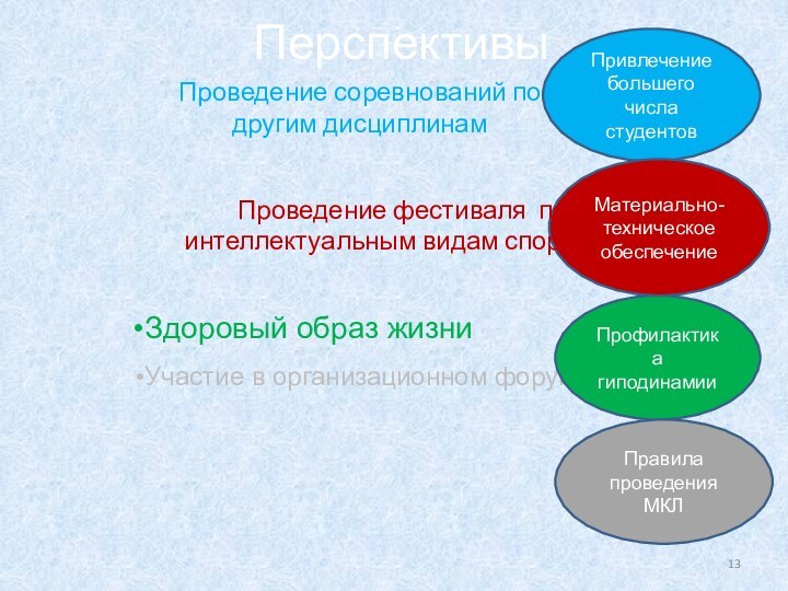 ПерспективыПривлечение большего числа студентовМатериально-техническое обеспечение Профилактика гиподинамии     Проведение