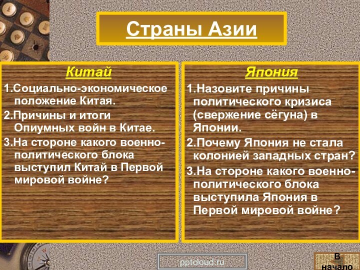 Страны АзииКитай1.Социально-экономическое положение Китая.2.Причины и итоги Опиумных войн в Китае.3.На стороне какого