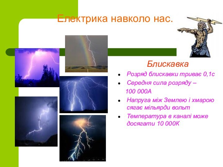 Електрика навколо нас.БлискавкаРозряд блискавки триває 0,1с Середня сила розряду –  100