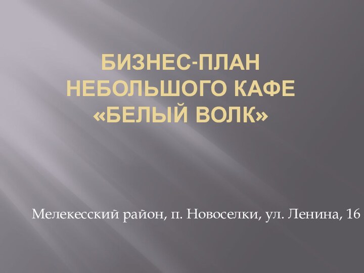 Бизнес-план небольшого кафе «Белый волк»Мелекесский район, п. Новоселки, ул. Ленина, 16 