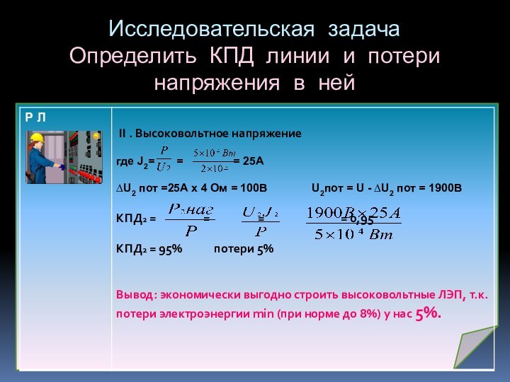 Исследовательская задача Определить КПД линии и потери напряжения в ней